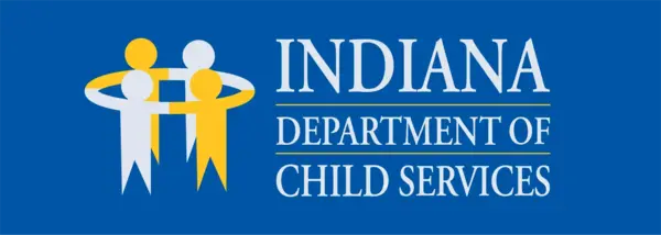 Indiana Department of Child Services logo: three abstract figures (two adults, one child) in white and yellow on a blue background.