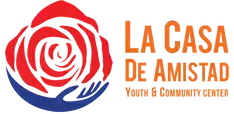 Red rose with blue hands cradling it, next to orange "LA CASA DE AMISTAD" text.