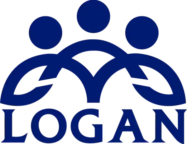 Blue logo for LOGAN showing three stylized figures with circular heads, linked at the shoulders.