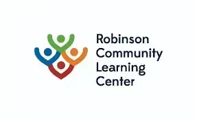 Robinson Community Learning Center logo: Four stylized green, orange, red, blue figures with raised arms connected at center.